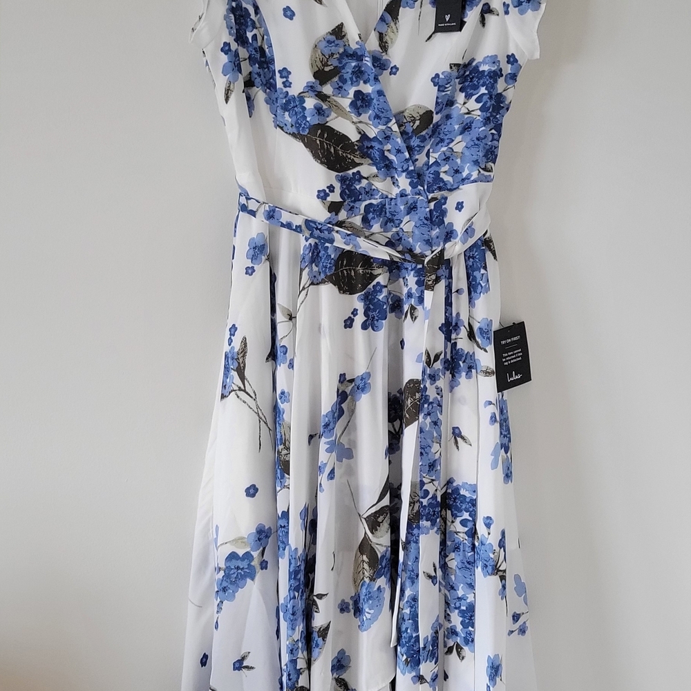 Lulu's White and Blue Floral Wrap Midi Dress